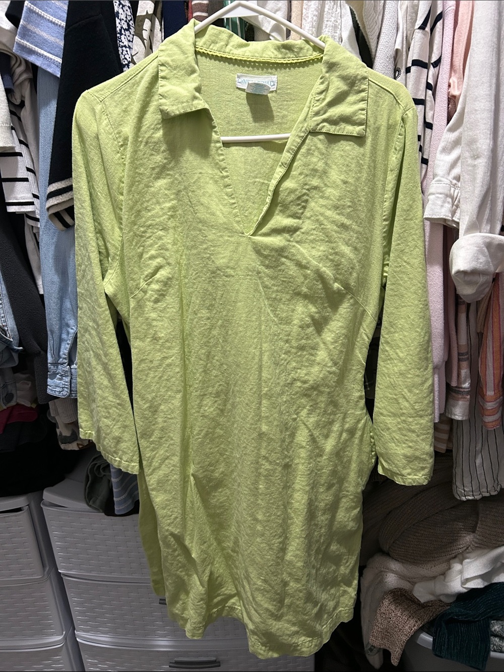 Cynthia Rowley Lime Green V-Neck Collared Linen Dress